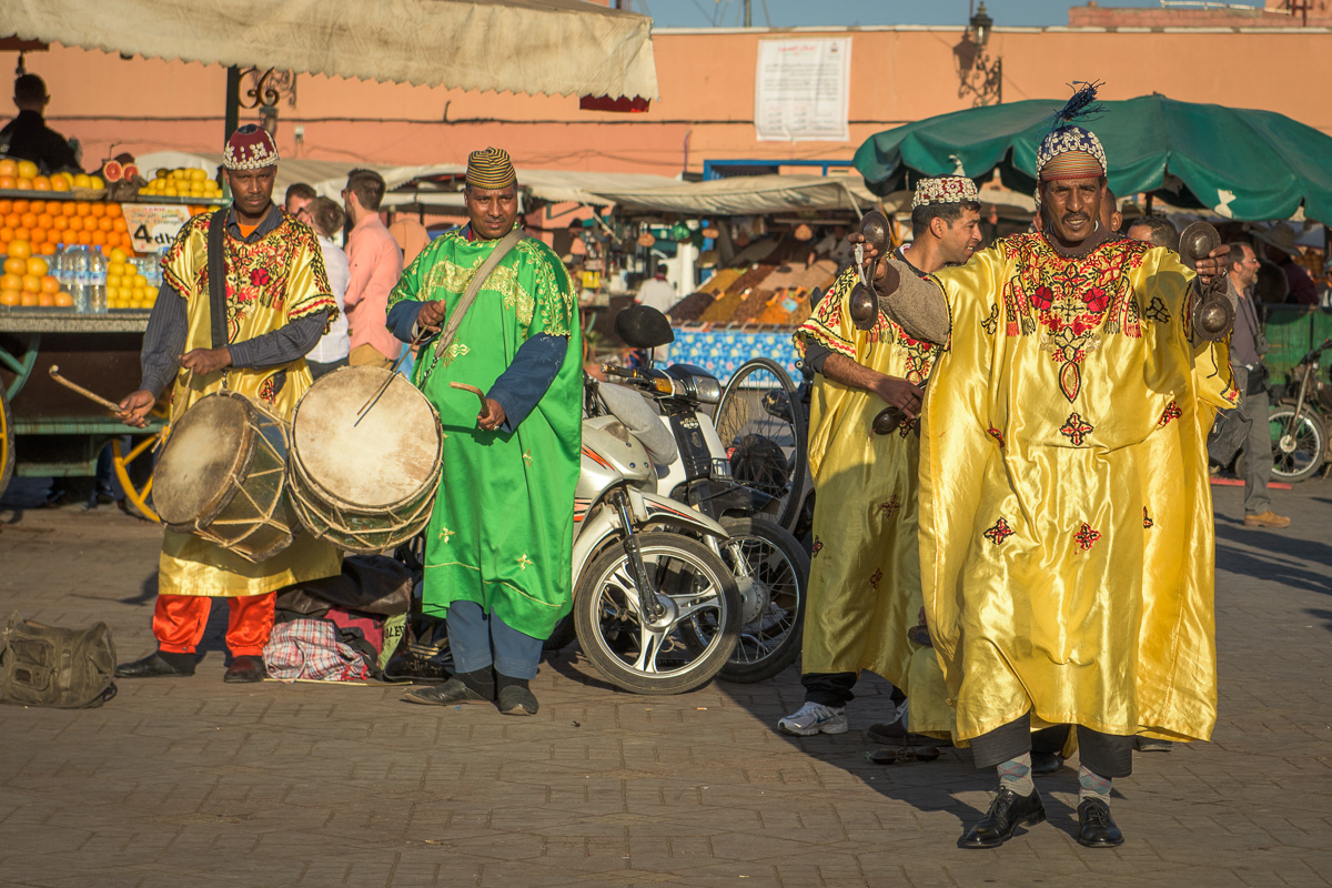 Musicians and dancers entertaining in Jemaa el-Fna Square