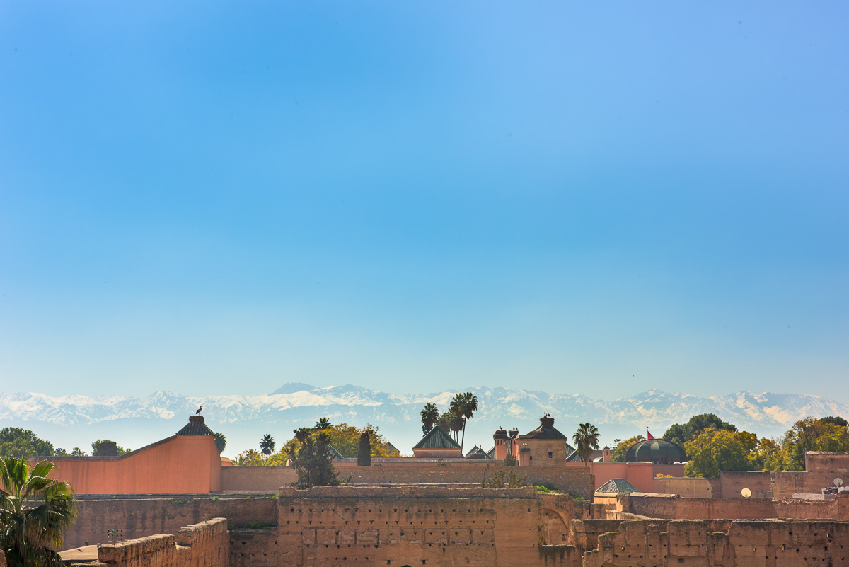 View from the outer walls of old Marrakech towards the High Atlas Mountains