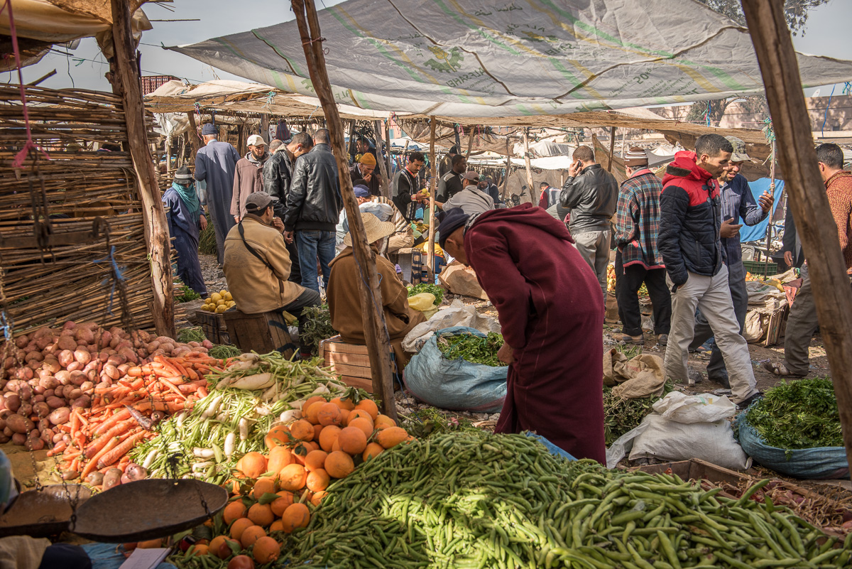 Rural Moroccan village market in the shadow of the High Atlas Mountains