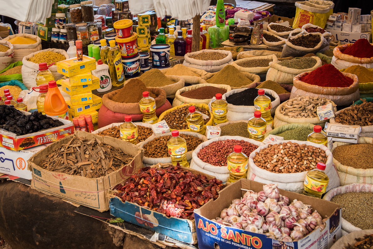 Spices on display for sale at a rural Moroccan village market 